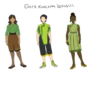 Design of three women with varying skin tones wearing green and brown pants, shirts, and dresses in 1960's style.