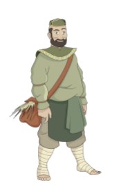 Design of a older, heavier-set man wearing dull green and light brown clothing.